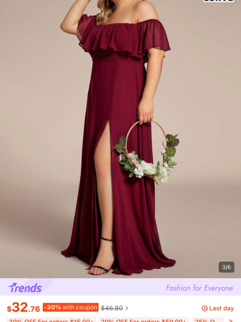 NWOT, 4XL/20 SHEIN Curve, Women's Burgundy Off-Shoulder Maxi Dress - Picture 11 of 13